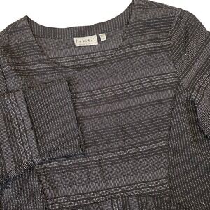 Habitat Women L Tunic Top Black White Striped Textured 3/4 Sleeve Pockets 26603